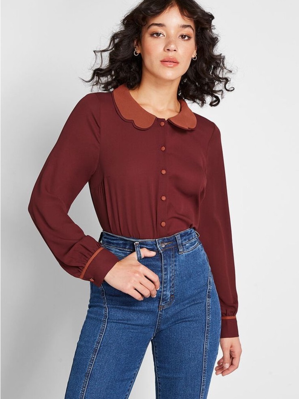 ModCloth Burgundy Button-Front Scalloped Collar Blouse